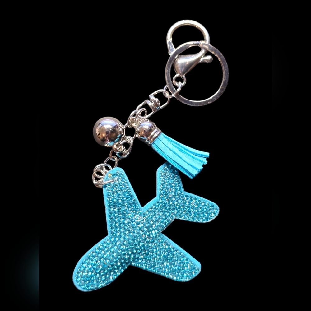 Blue Airplane Bag Charm Keychain with Tassel